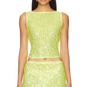 Lovers + Friends Sequin Crop Tank in Neon Yellow